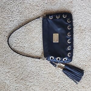 Michael Kors Black Leather Astor Grommet Tassel Clutch Convertible Shoulder Bag